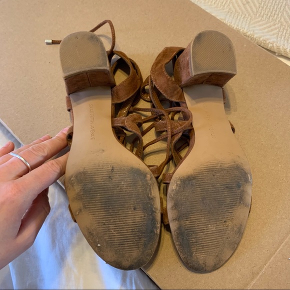 Saks Fifth Avenue Cognac Camel Brown Suede Lace Up Block Heel Sandals - 6.5 - Picture 11 of 16